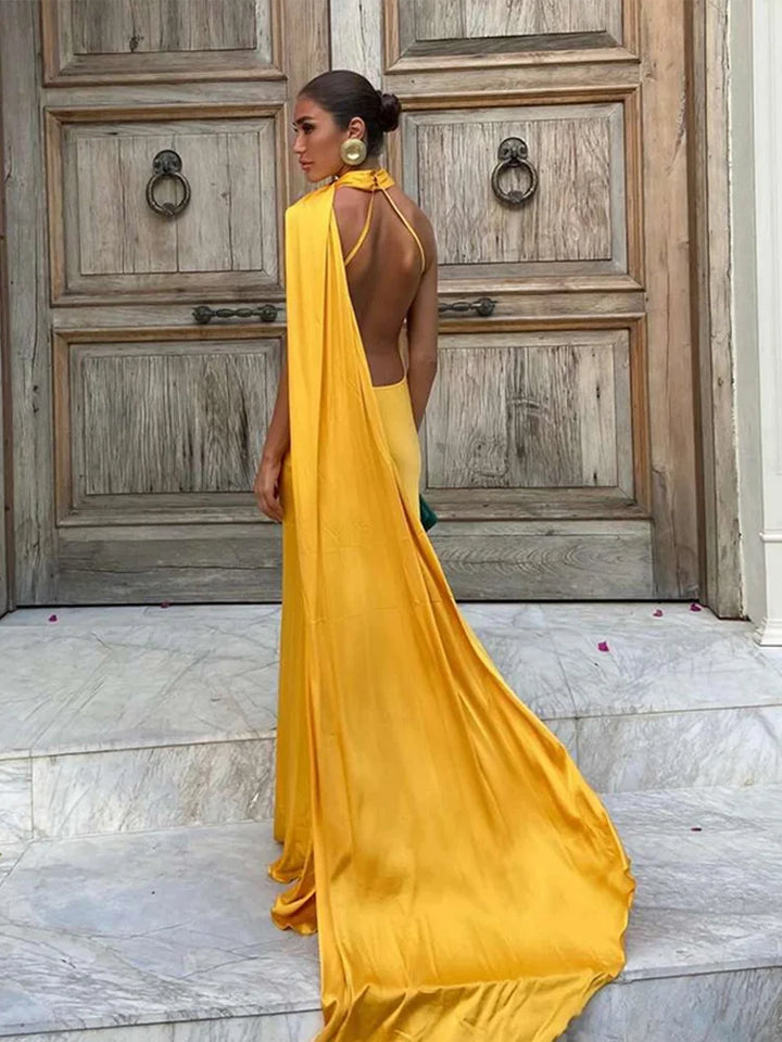 Women's Wedding Guest Dress with Scarf Neck and Maxi Length