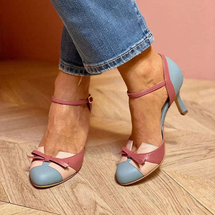 Women’s Ankle Strap Heels with Round Toe and Bow Detail