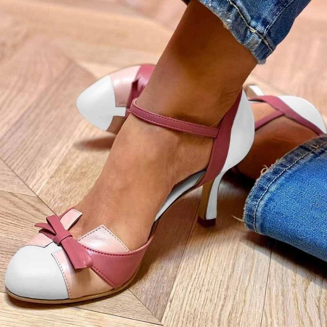 Women’s Ankle Strap Heels with Round Toe and Bow Detail