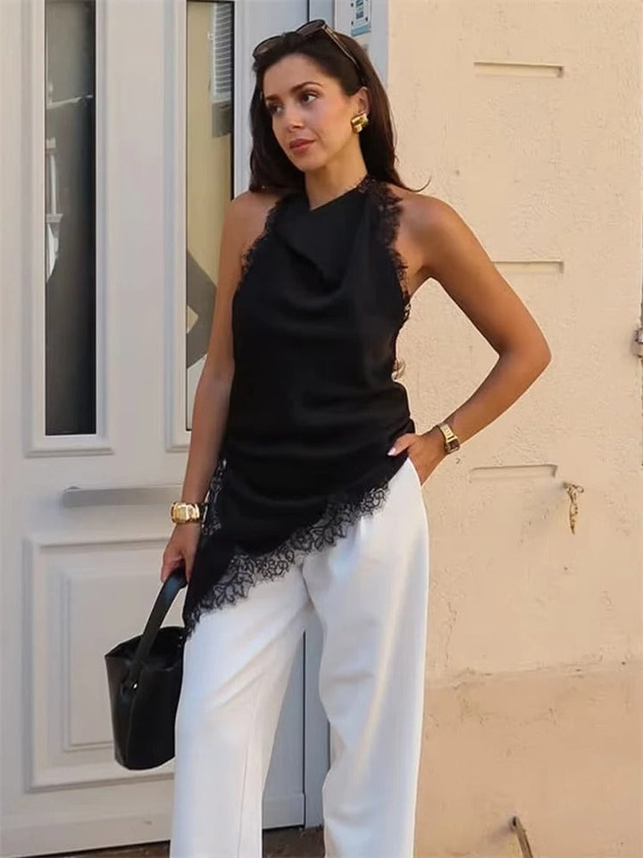 Women's Asymmetric Halter Top with Sleeveless and Cowl Neckline