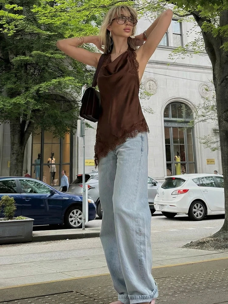 Women's Asymmetric Halter Top with Sleeveless and Cowl Neckline