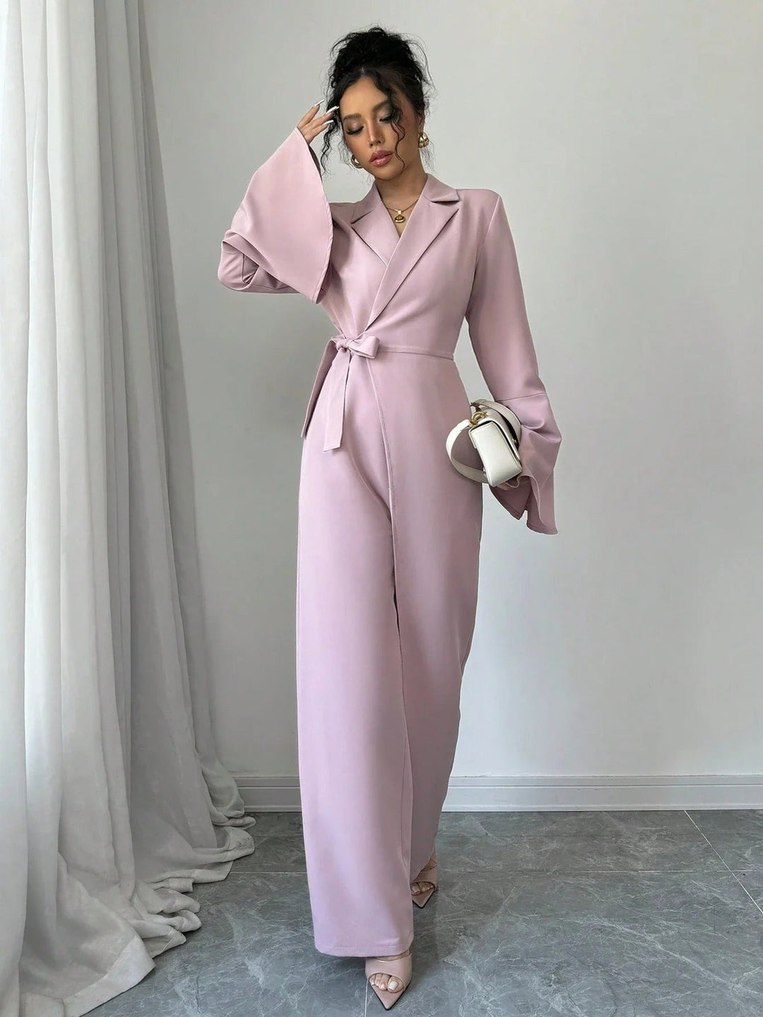Women’s Blazer Style Jumpsuit with Bell Sleeves and Wide Leg Pants
