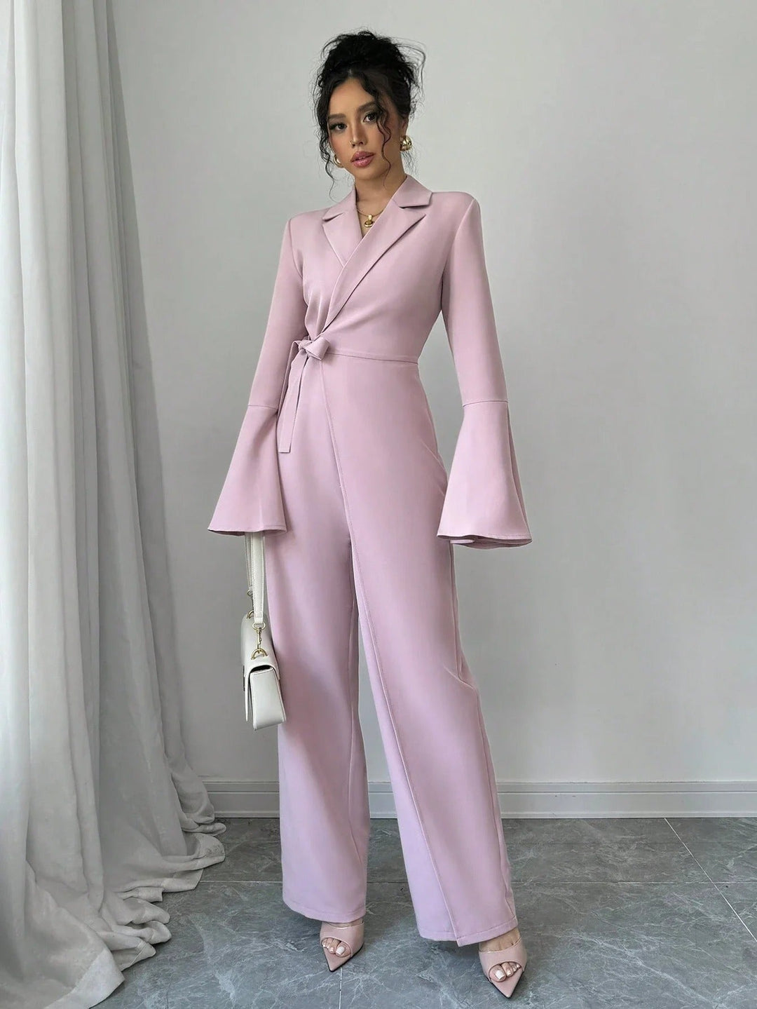 Women’s Blazer Style Jumpsuit with Bell Sleeves and Wide Leg Pants