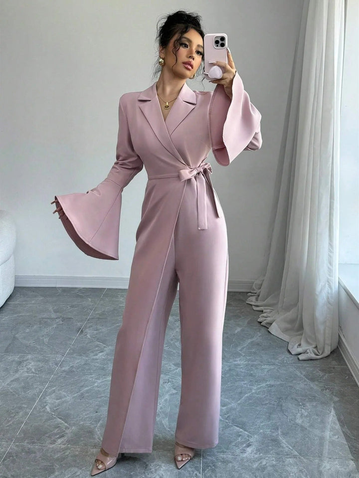 Women’s Blazer Style Jumpsuit with Bell Sleeves and Wide Leg Pants