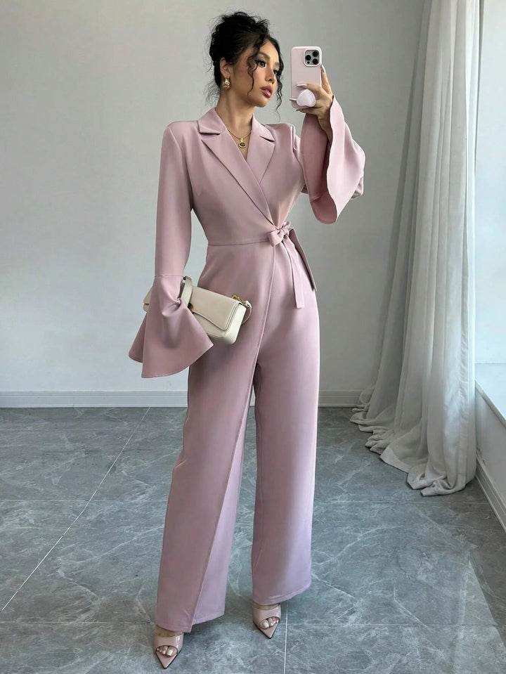 Women’s Blazer Style Jumpsuit with Bell Sleeves and Wide Leg Pants