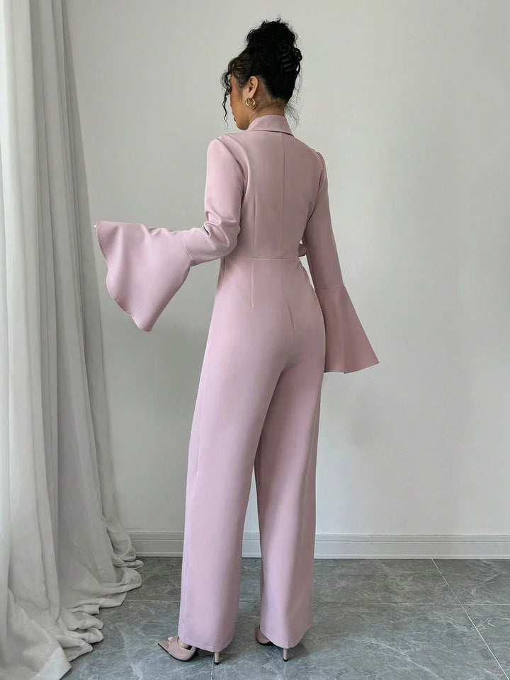 Women’s Blazer Style Jumpsuit with Bell Sleeves and Wide Leg Pants