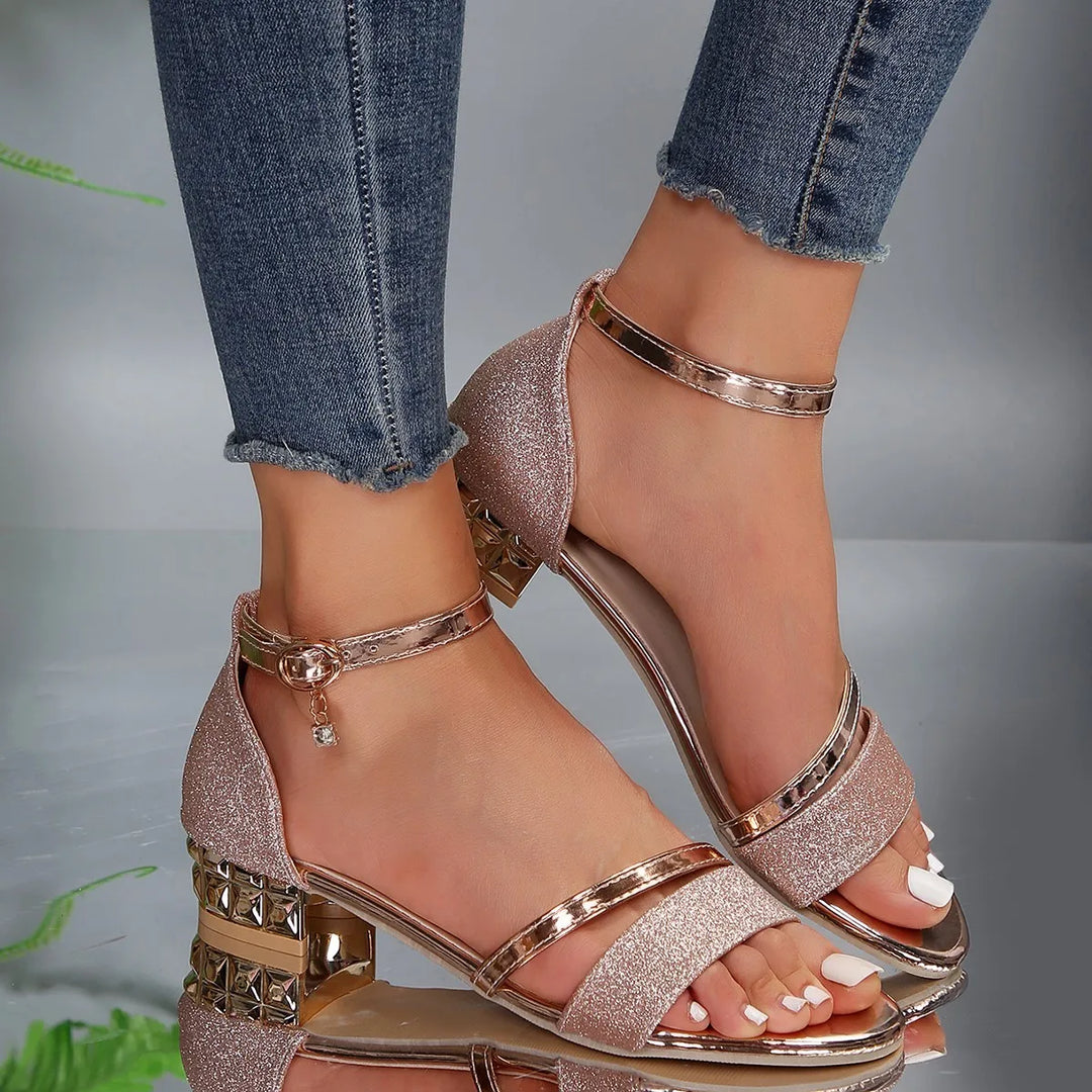 Women's Block Heels with Ankle Strap and Glitter Accents