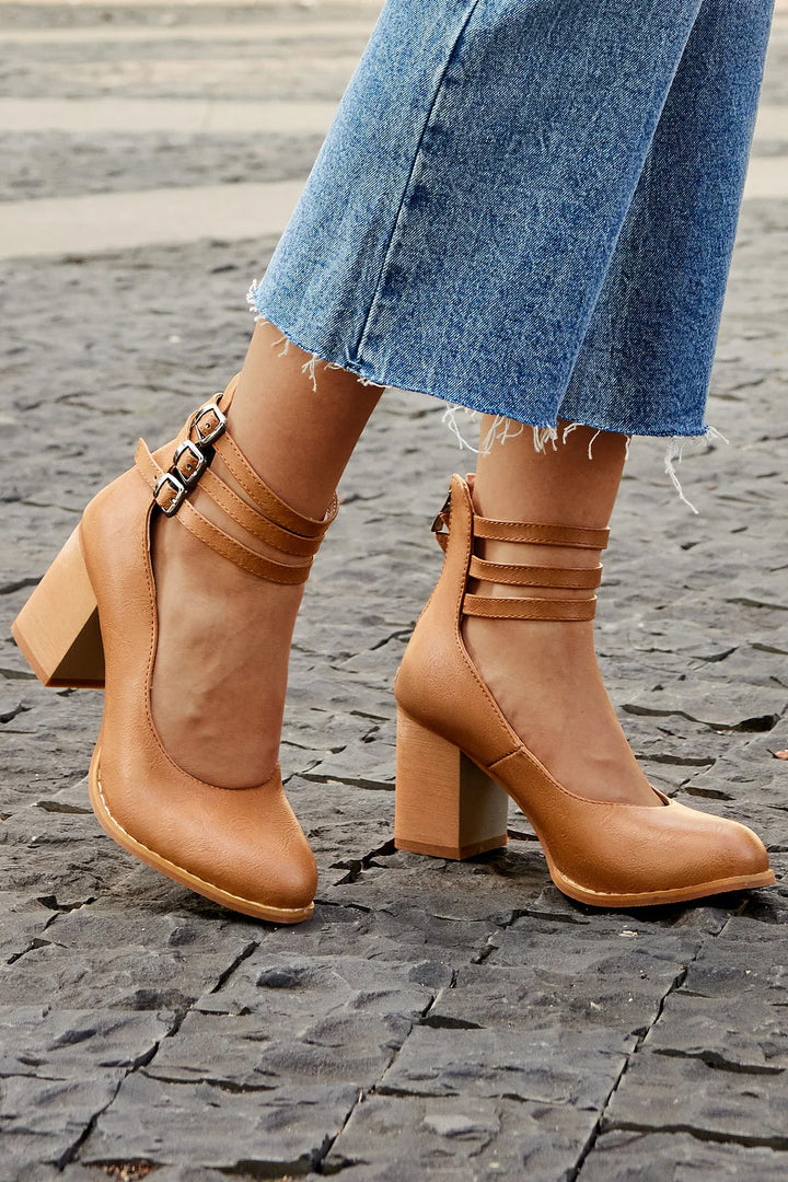 Women's Block Heels with Triple Ankle Straps and Buckle Closures