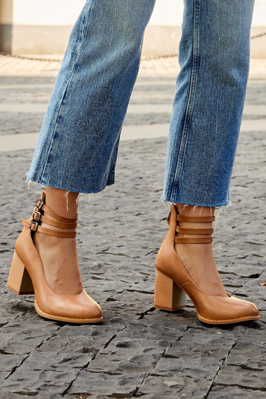 Women's Block Heels with Triple Ankle Straps and Buckle Closures