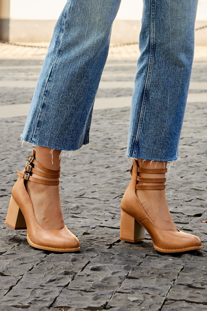 Women's Block Heels with Triple Ankle Straps and Buckle Closures