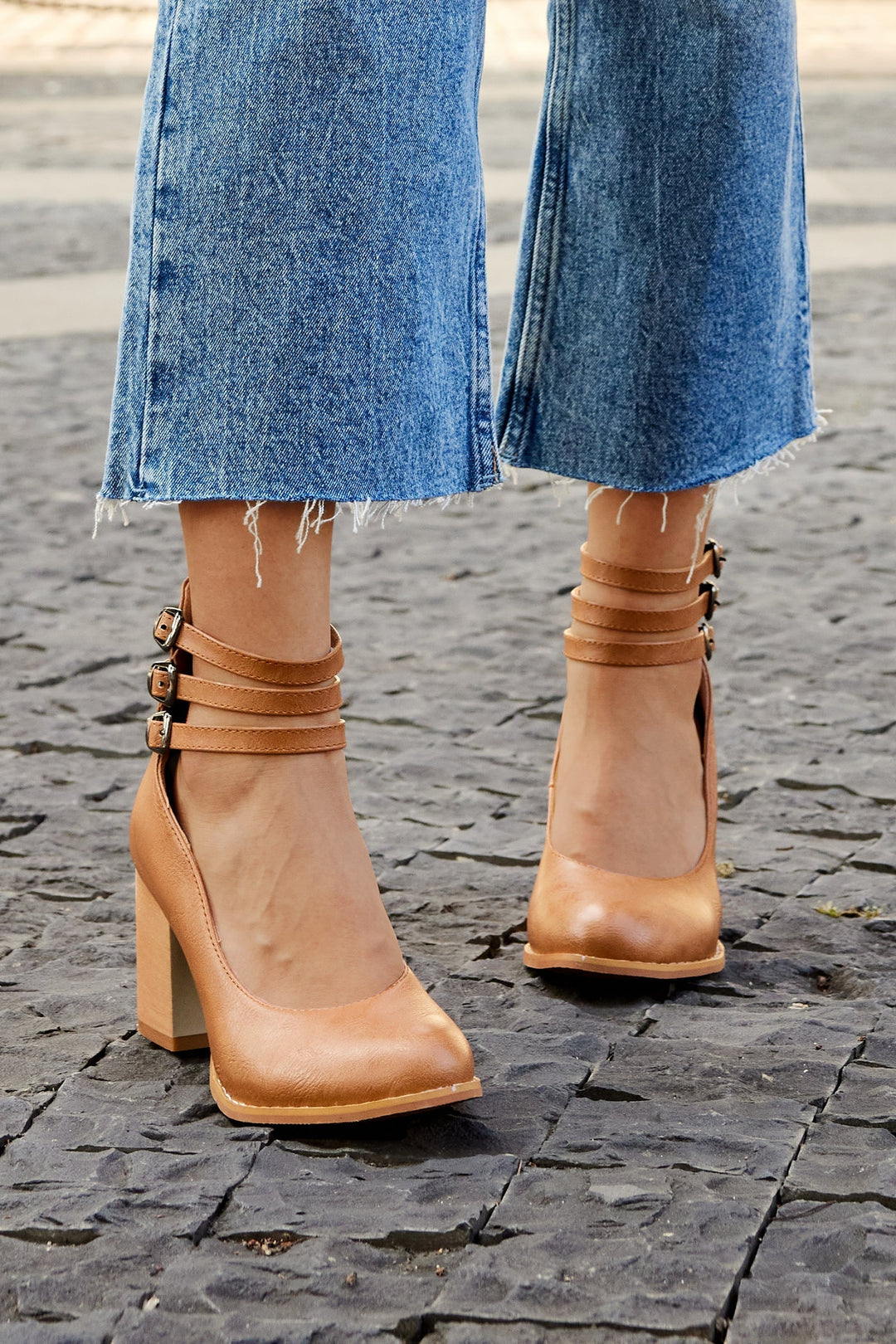 Women's Block Heels with Triple Ankle Straps and Buckle Closures