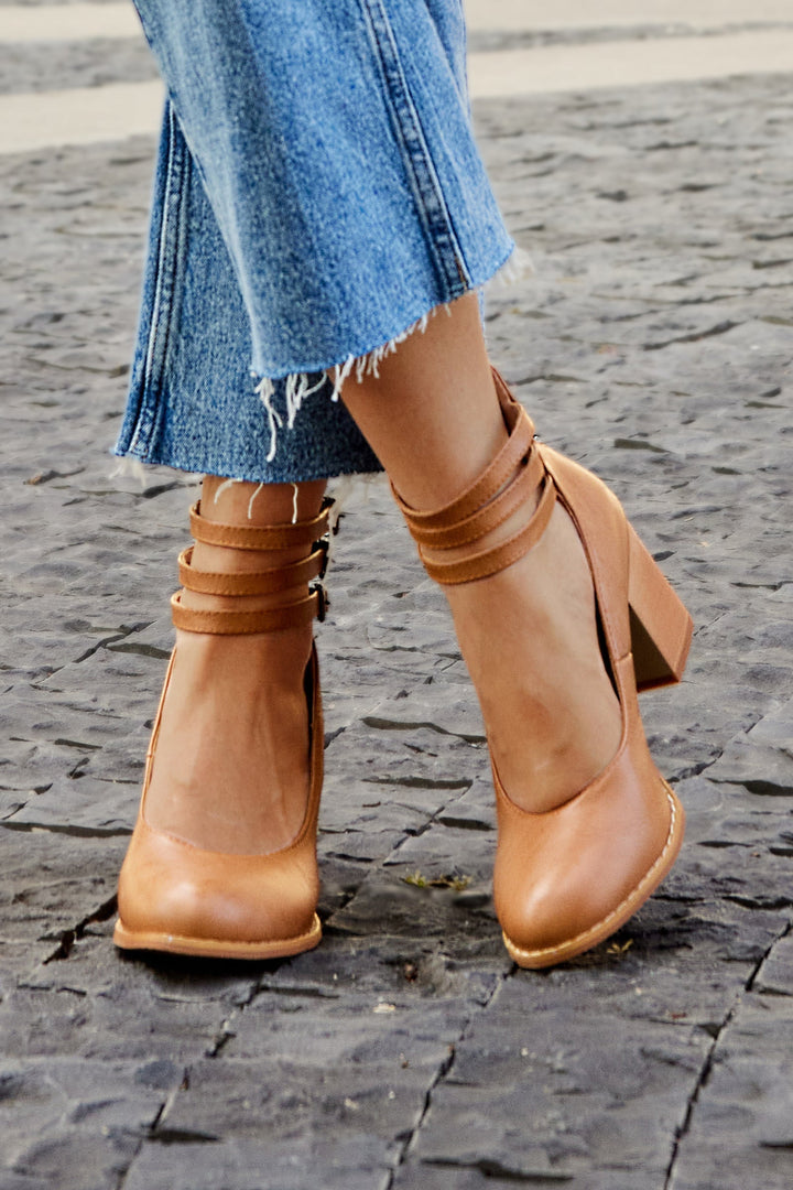 Women's Block Heels with Triple Ankle Straps and Buckle Closures
