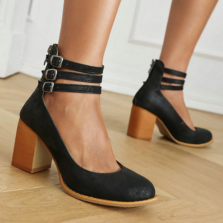 Women's Block Heels with Triple Ankle Straps and Buckle Closures