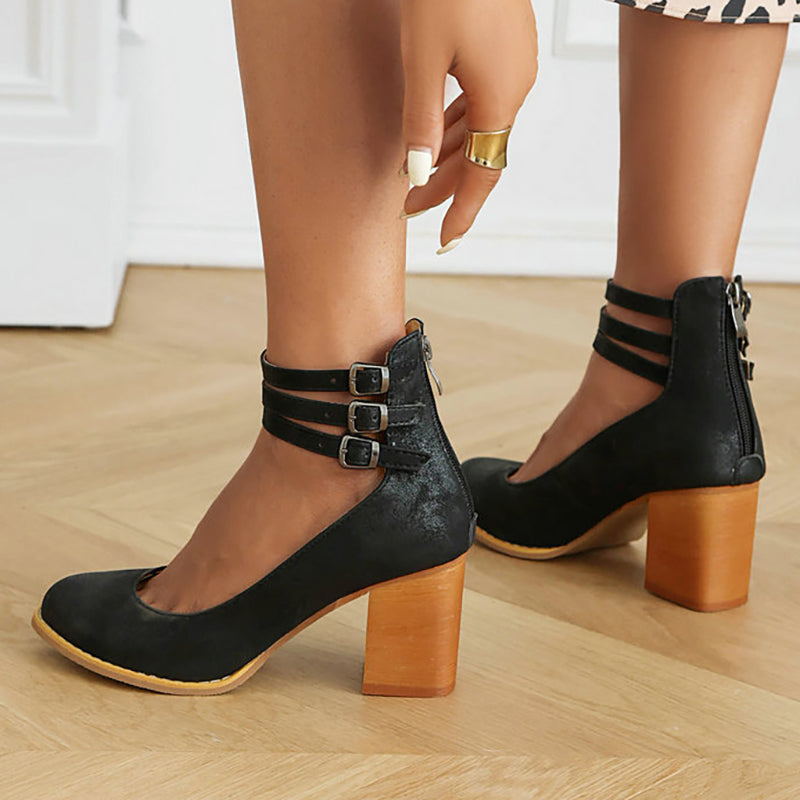 Women's Block Heels with Triple Ankle Straps and Buckle Closures