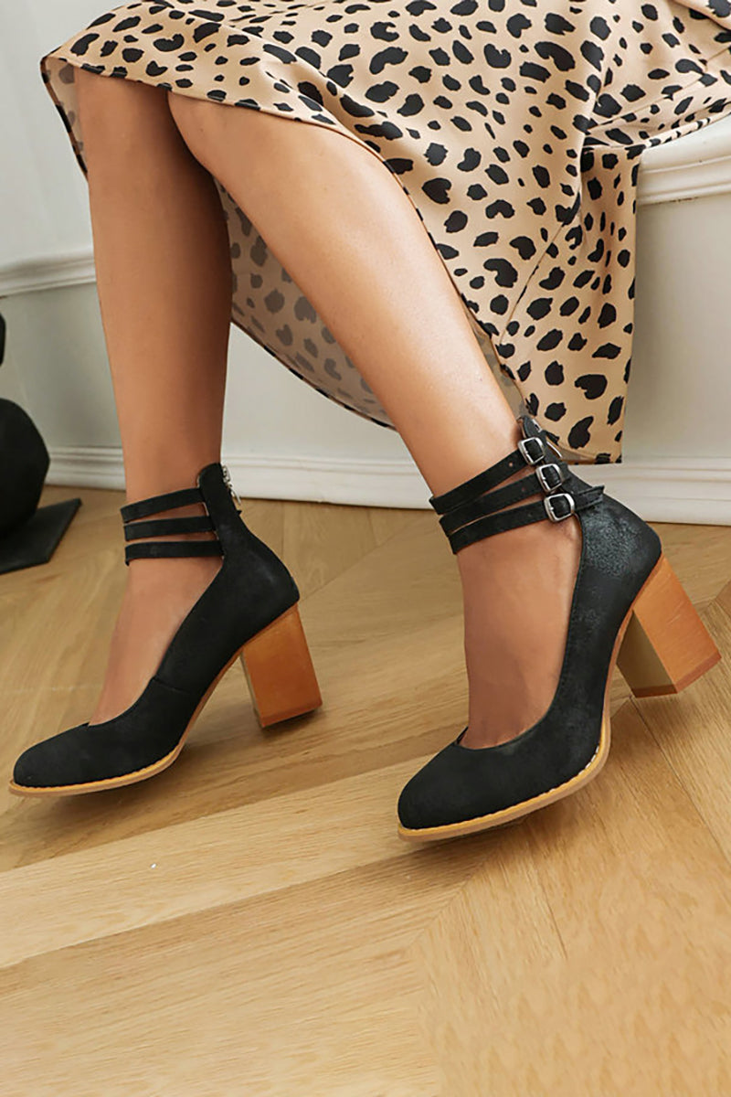 Women's Block Heels with Triple Ankle Straps and Buckle Closures