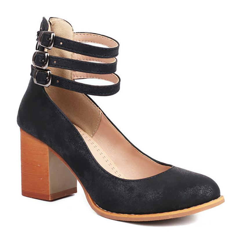 Women's Block Heels with Triple Ankle Straps and Buckle Closures