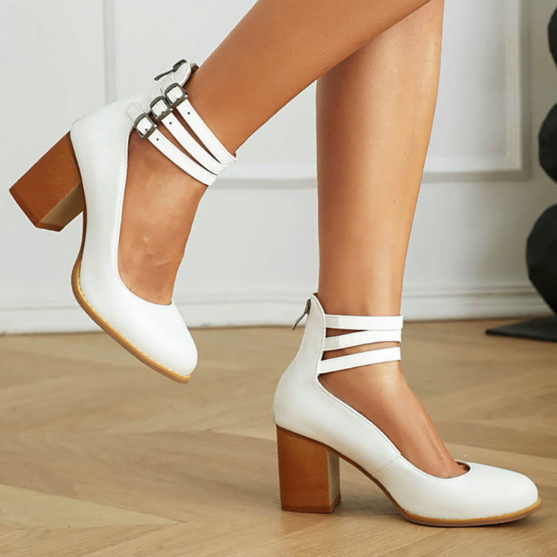 Women's Block Heels with Triple Ankle Straps and Buckle Closures