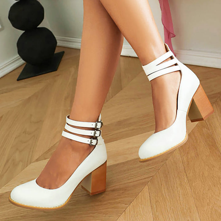 Women's Block Heels with Triple Ankle Straps and Buckle Closures