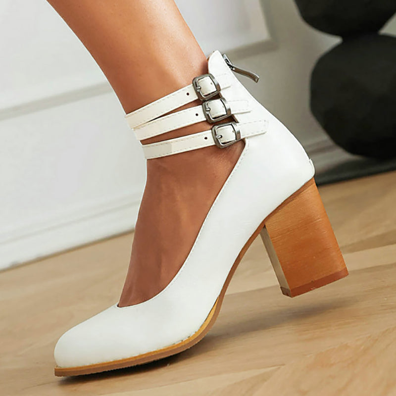 Women's Block Heels with Triple Ankle Straps and Buckle Closures