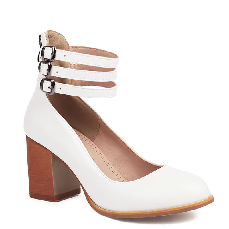 Women's Block Heels with Triple Ankle Straps and Buckle Closures