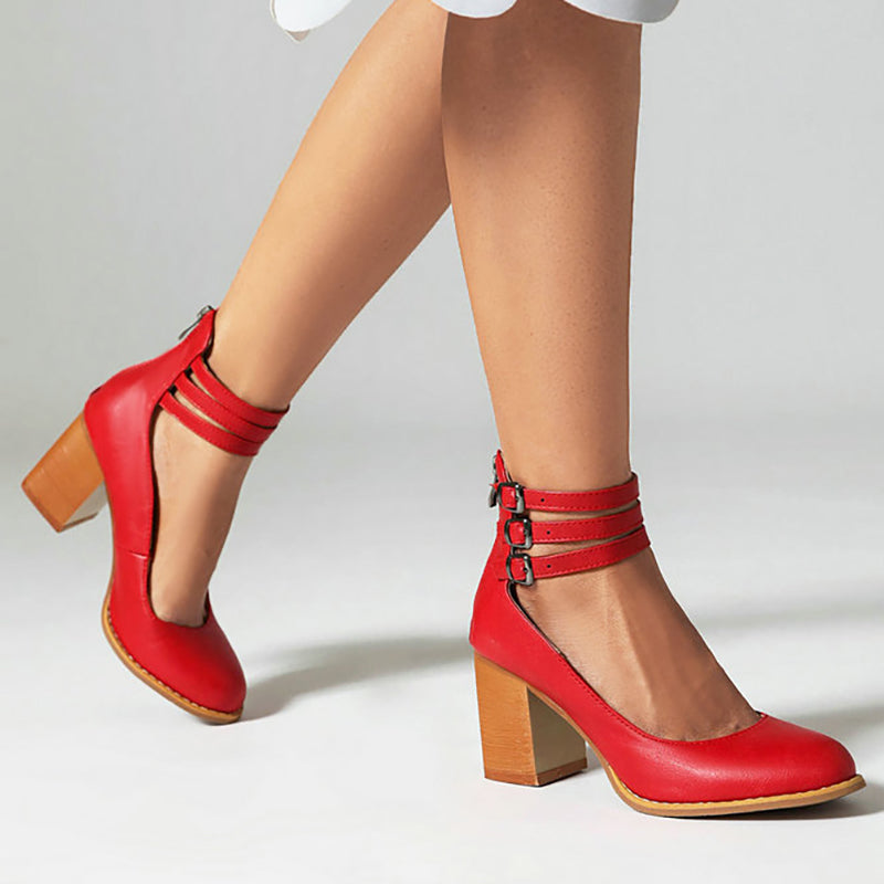 Women's Block Heels with Triple Ankle Straps and Buckle Closures