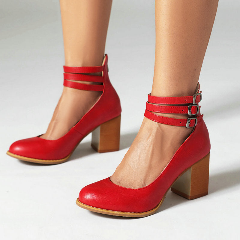 Women's Block Heels with Triple Ankle Straps and Buckle Closures