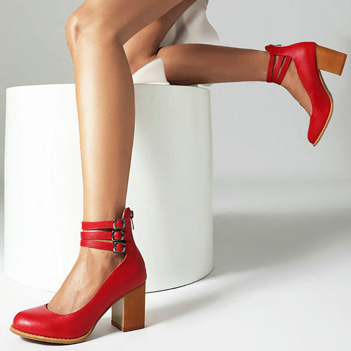 Women's Block Heels with Triple Ankle Straps and Buckle Closures