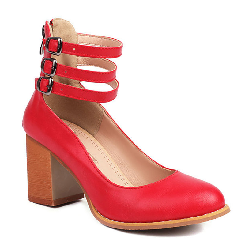 Women's Block Heels with Triple Ankle Straps and Buckle Closures
