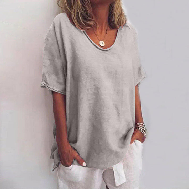 Women's Blouse with Short Sleeve and Scoop Neck