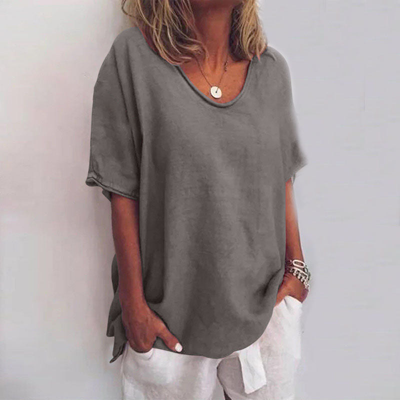 Women's Blouse with Short Sleeve and Scoop Neck