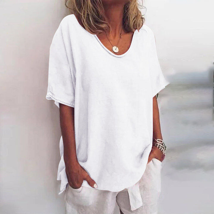 Women's Blouse with Short Sleeve and Scoop Neck