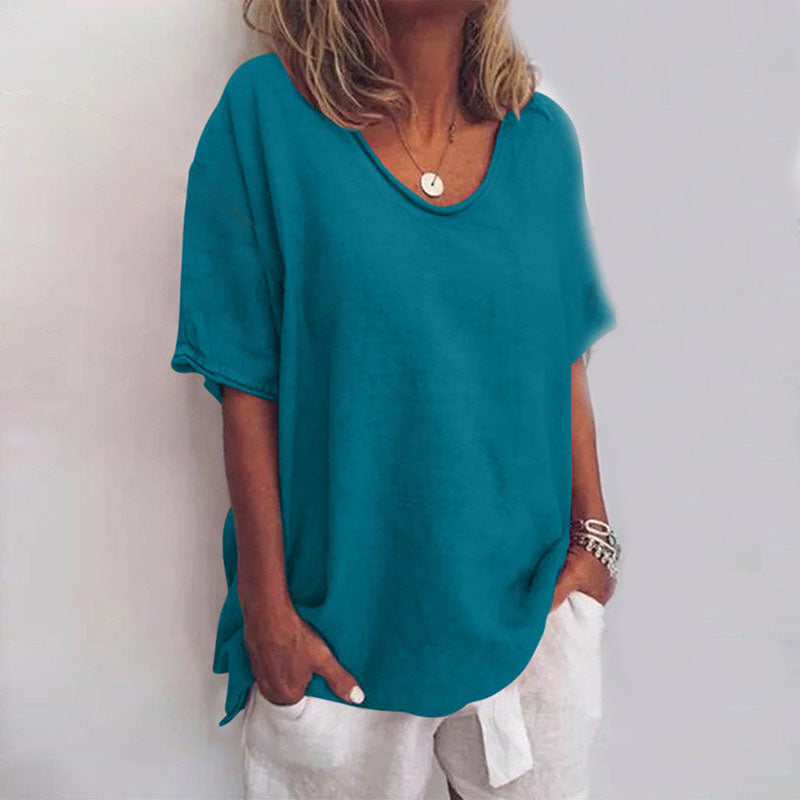 Women's Blouse with Short Sleeve and Scoop Neck