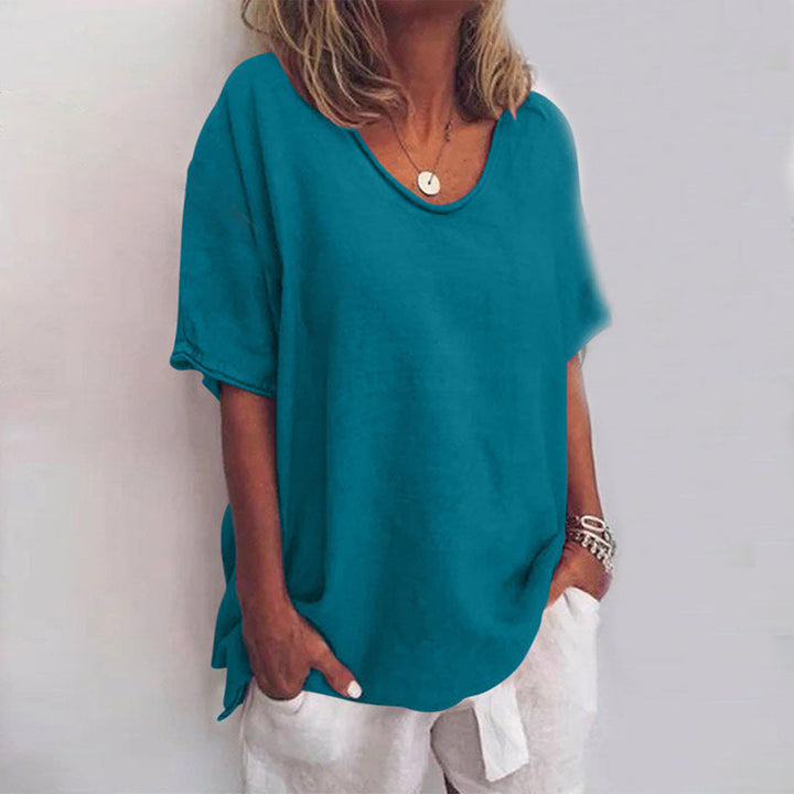 Women's Blouse with Short Sleeve and Scoop Neck