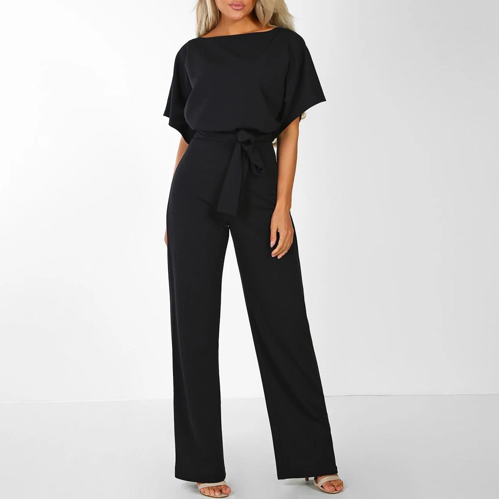Women’s Boat Neck Jumpsuit with Short Batwing Sleeves and Wide Leg Pants