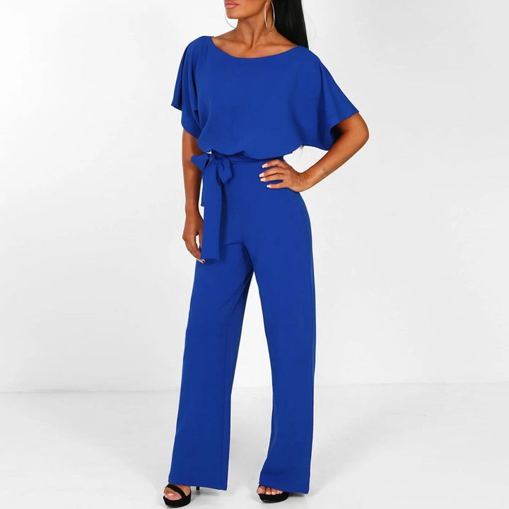 Women’s Boat Neck Jumpsuit with Short Batwing Sleeves and Wide Leg Pants
