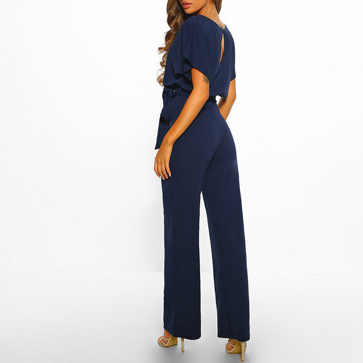 Women’s Boat Neck Jumpsuit with Short Batwing Sleeves and Wide Leg Pants