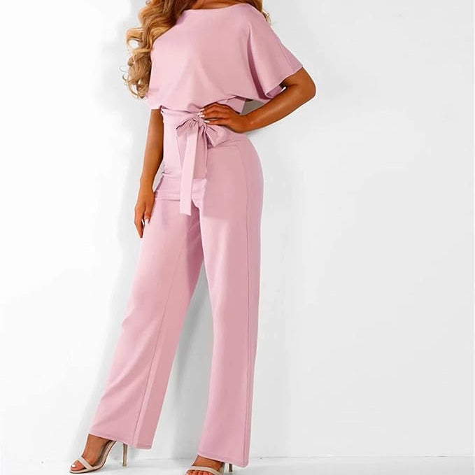 Women’s Boat Neck Jumpsuit with Short Batwing Sleeves and Wide Leg Pants