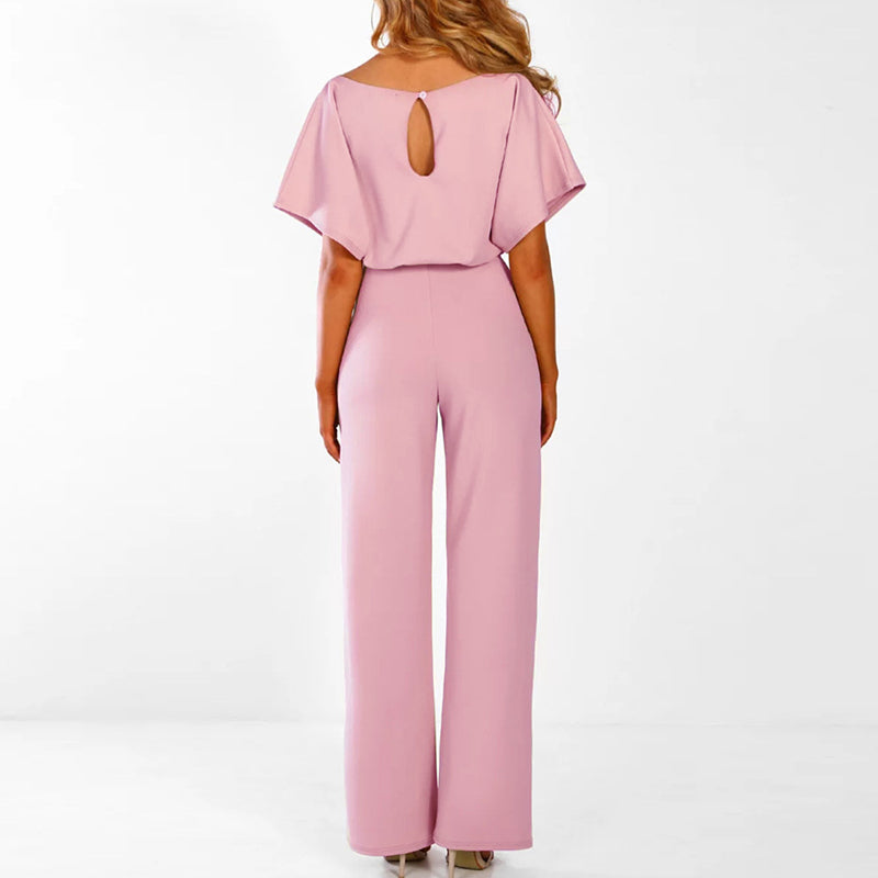 Women’s Boat Neck Jumpsuit with Short Batwing Sleeves and Wide Leg Pants