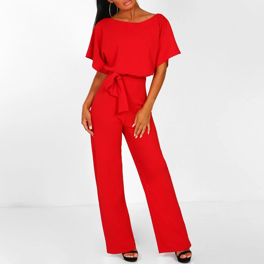 Women’s Boat Neck Jumpsuit with Short Batwing Sleeves and Wide Leg Pants