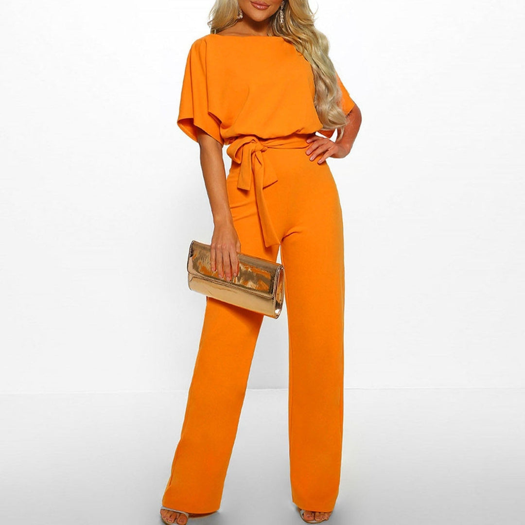 Women’s Boat Neck Jumpsuit with Short Batwing Sleeves and Wide Leg Pants