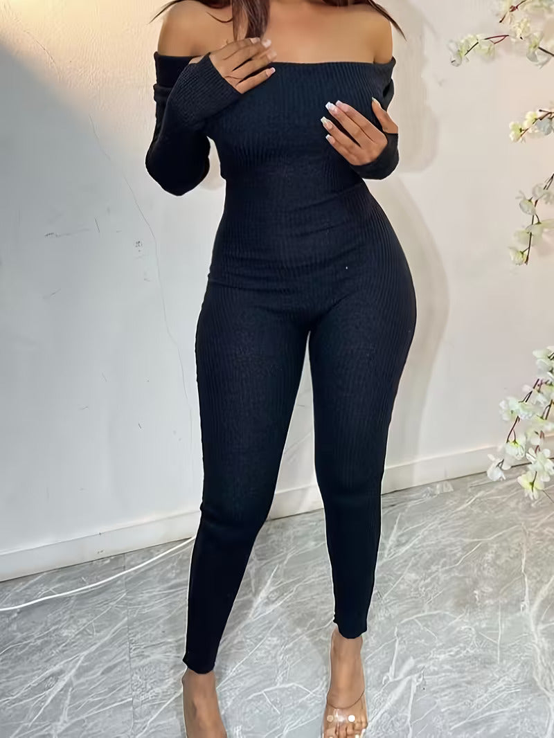 Women’s Bodycon Jumpsuit with Off-Shoulder and Long Sleeves
