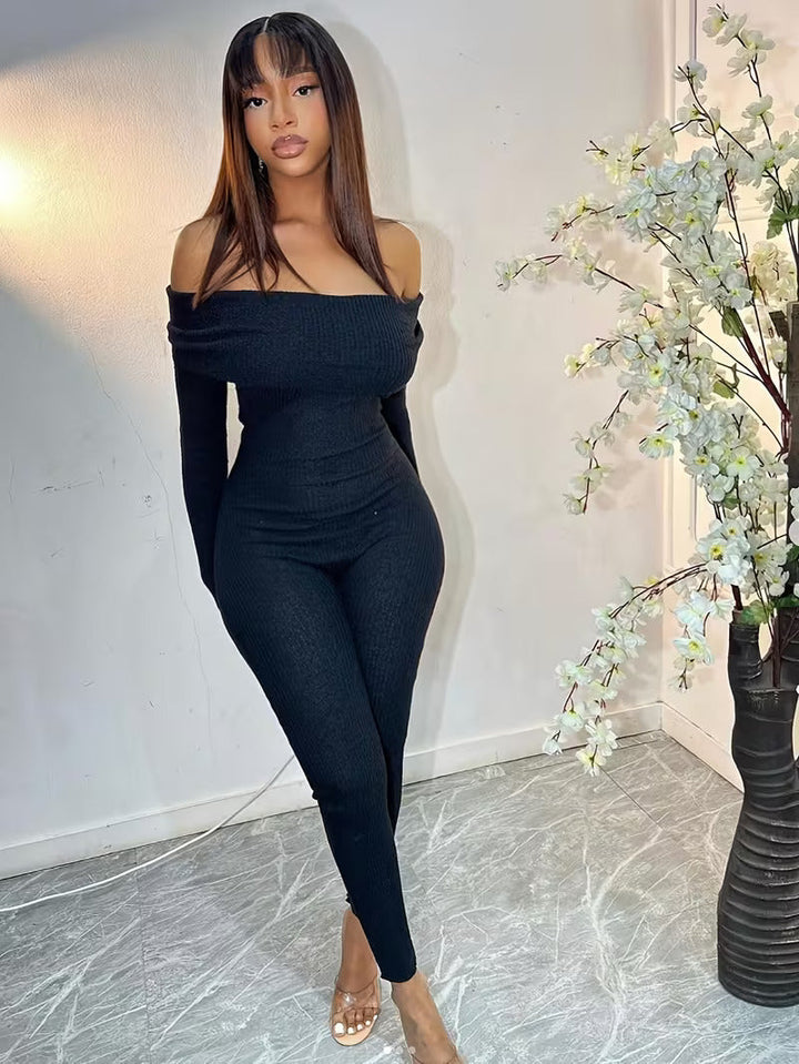Women’s Bodycon Jumpsuit with Off-Shoulder and Long Sleeves