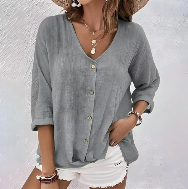 Women's Button-Down Blouse with V-Neck and Three-Quarter Sleeves
