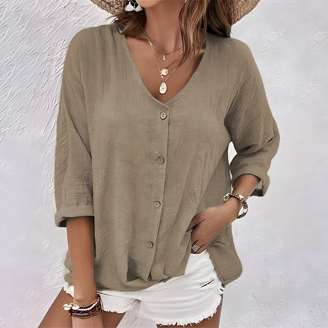 Women's Button-Down Blouse with V-Neck and Three-Quarter Sleeves