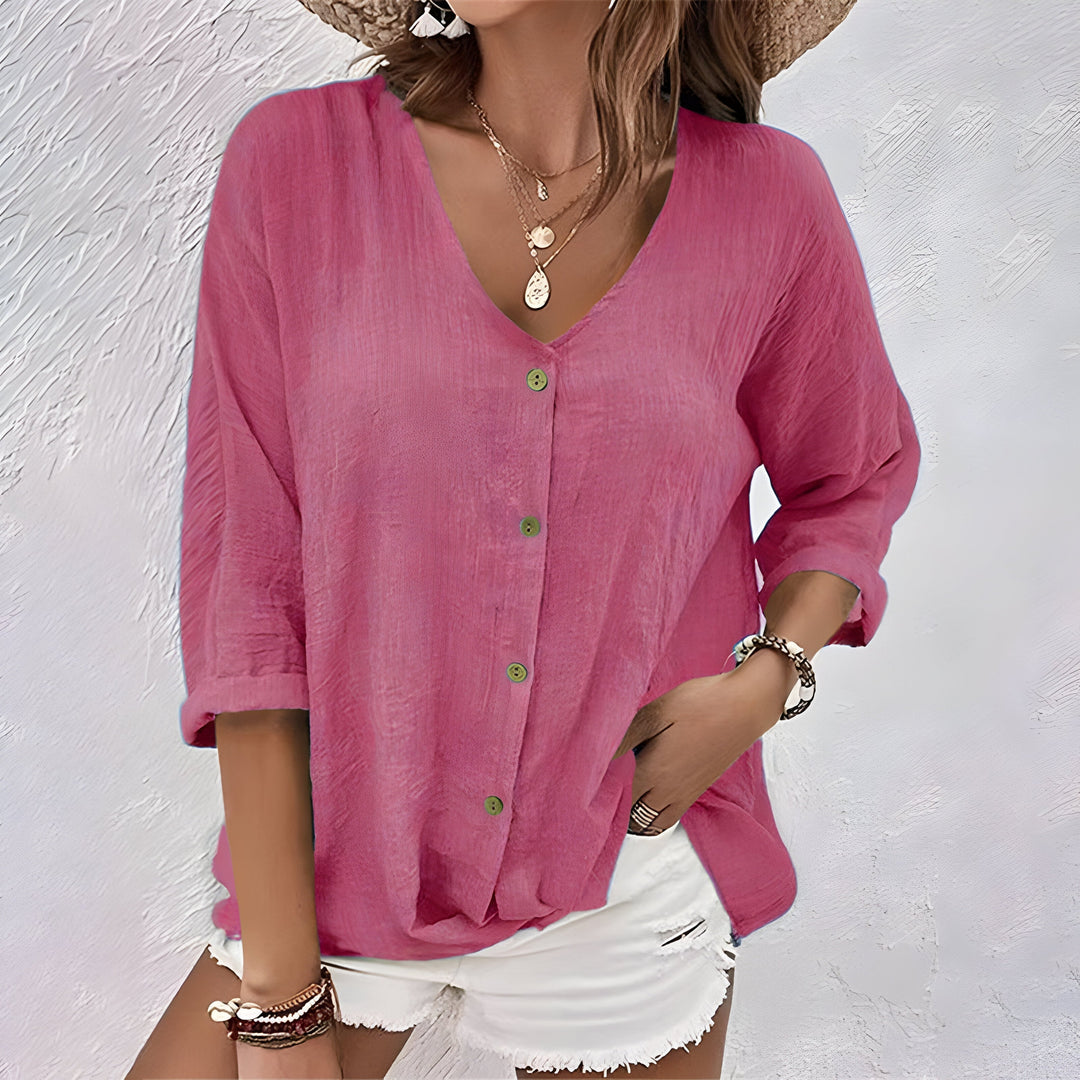 Women's Button-Down Blouse with V-Neck and Three-Quarter Sleeves
