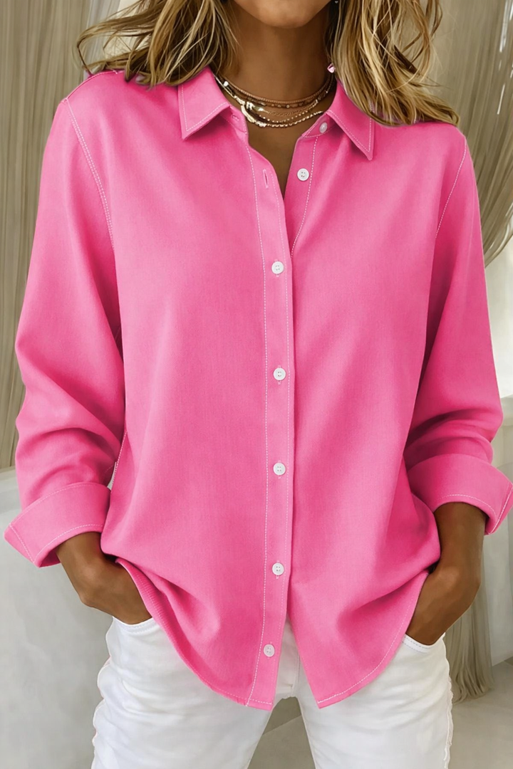 Women's Button Front Blouse with Collar and Long Sleeve