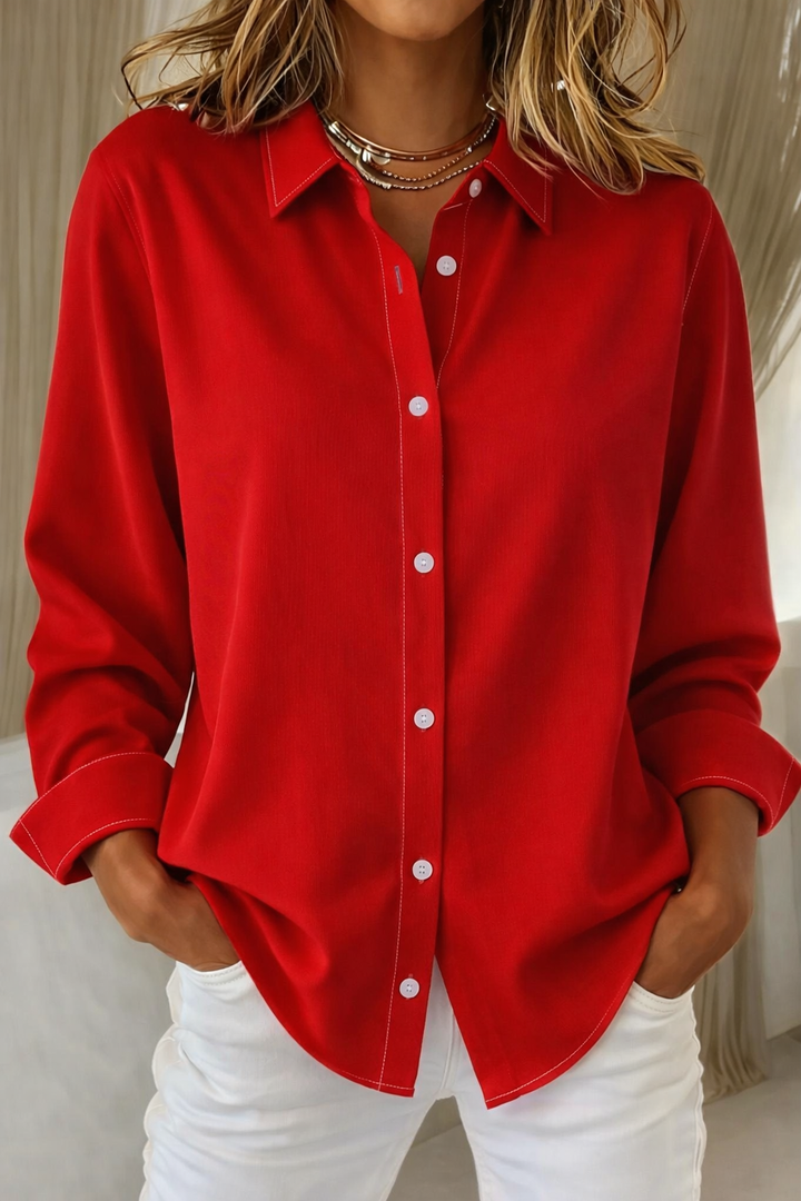 Women's Button Front Blouse with Collar and Long Sleeve