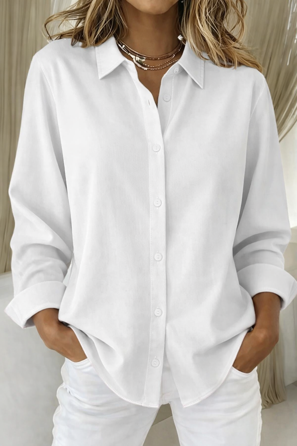 Women's Button Front Blouse with Collar and Long Sleeve