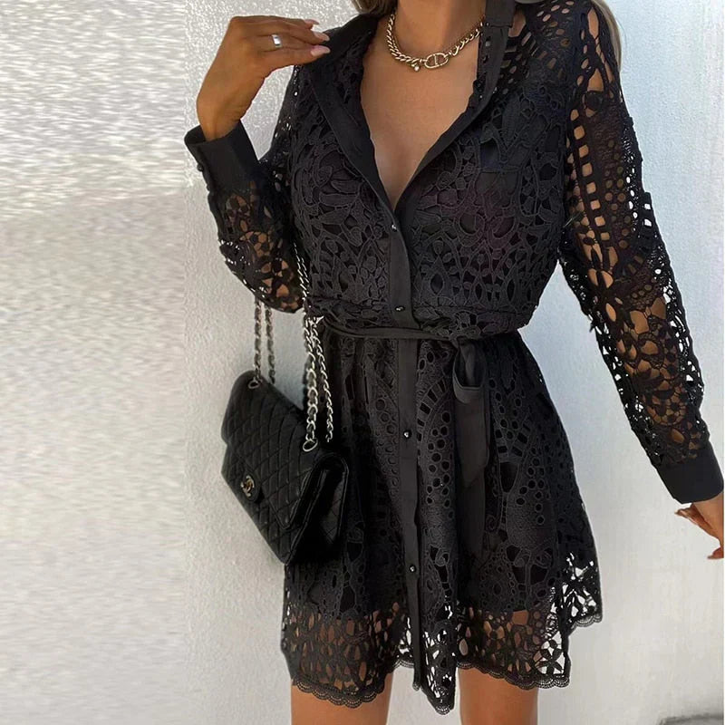 Women’s Button Front Lace Mini Dress with Collar and Tie Belt