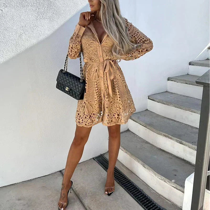 Women’s Button Front Lace Mini Dress with Collar and Tie Belt